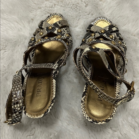 Prada Snakeskin Studded Heeled Slingback Sandals - Picture 7 of 10